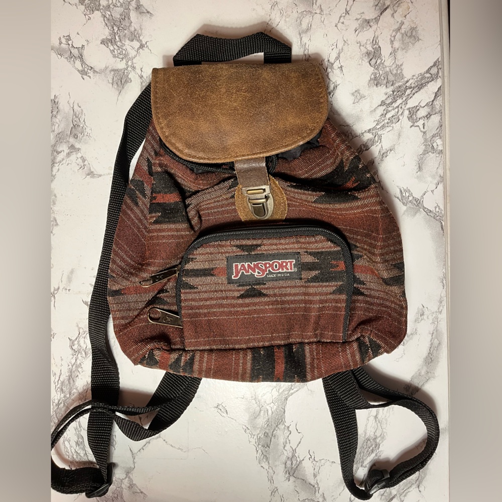 90’s Jansport Brown and Black Aztec tribal Print Leather mini backpack